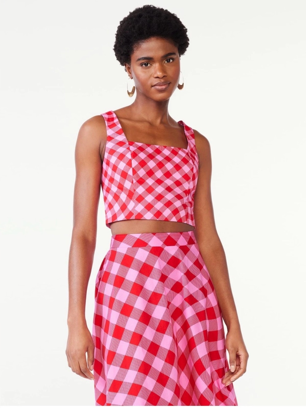 Scoop Pink Red Gingham Square-Neck Crop Tank Top
